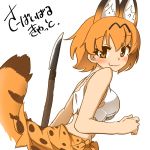  1girl 370ml animal_ear_fluff animal_ears bangs breasts closed_mouth eyebrows_visible_through_hair fang from_side holding holding_spear holding_weapon kemono_friends leaning_forward looking_at_viewer looking_back medium_breasts orange_eyes orange_hair orange_sarong polearm print_sarong sarong serval_(kemono_friends) serval_ears serval_print serval_tail shirt short_hair simple_background skin_fang smile solo spear standing striped_tail survival_friends tail torn torn_clothes torn_shirt translated upper_body weapon white_background white_shirt 