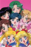  1990s_(style) 6+girls aino_minako arms_up artemis_(sailor_moon) bangs bishoujo_senshi_sailor_moon black_eyes black_hair blonde_hair blue_eyes blue_hair brown_hair chibi_usa double_bun earrings eyebrows_visible_through_hair green_eyes green_hair hino_rei jewelry kaiou_michiru kino_makoto light_brown_hair long_hair long_sleeves looking_at_viewer luna_(sailor_moon) mizuno_ami multiple_girls official_art open_mouth pink_background pink_hair princess_serenity red_eyes sailor_collar short_hair simple_background smile stud_earrings ten&#039;ou_haruka tsukino_usagi twintails v 