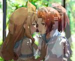  2girls blonde_hair blue_eyes blue_sailor_collar blurry blurry_background brown_hair faux_traditional_media glass green_neckwear hair_ribbon hibike!_euphonium highres kataru_(ubw-emiya) kitauji_high_school_uniform long_hair looking_at_another multiple_girls nakagawa_natsuki neckerchief open_mouth ponytail purple_eyes reflection ribbon sailor_collar school_uniform serafuku shirt short_sleeves uniform white_shirt window yellow_ribbon yoshikawa_yuuko 