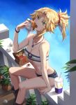  1girl bag balcony bandeau bangs bare_arms bare_shoulders belt black_footwear blonde_hair blue_sky boots braid breasts collarbone commentary_request cup cutoffs day denim denim_shorts drinking_straw eating fast_food fate/apocrypha fate_(series) food french_braid french_fries green_eyes hair_ornament hair_scrunchie hamburger highres holding holding_food jewelry long_hair looking_at_viewer mordred_(fate) mordred_(fate)_(all) navel necklace open_mouth paper_bag parted_bangs ponytail red_scrunchie scrunchie short_shorts shorts sidelocks sitting sky small_breasts solo stomach tonee wcdonalds 