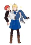  &gt;:) 1boy 1girl :d ahoge artoria_pendragon_(all) blonde_hair carrying closed_eyes emiya_shirou fate/stay_night fate_(series) full_body jacket open_mouth pantyhose princess_carry red_hair ribbon saber simple_background smile sparkle sweat trimcoco white_background 