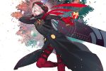  1boy ahoge behind_back black_coat boots coat colored_skin expressionless eyes_visible_through_hair eyeshadow fate/grand_order fate_(series) feet_out_of_frame gloves green_eyes hair_over_one_eye holding hood hood_up karna_(santa)_(fate) krab looking_at_viewer makeup male_focus open_hand pink_hair red_footwear red_gloves short_hair solo thigh_boots thighhighs tsurime white_skin 