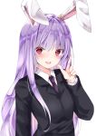  1girl :d animal_ears black_jacket blush bunny_ears commentary_request dress_shirt eyebrows_visible_through_hair hair_between_eyes highres index_finger_raised jacket long_hair looking_at_viewer nanase_nao necktie open_mouth purple_hair purple_neckwear red_eyes reisen_udongein_inaba shiny shiny_hair shirt sidelocks simple_background smile solo suit_jacket touhou upper_body upper_teeth very_long_hair white_background white_shirt 