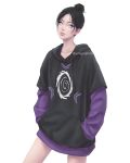  1girl apex_legends baggy_clothes black_hair blue_eyes casual drawstring english_commentary eyeliner flat_chest forehead hair_bun hands_in_pockets highres hood hood_down hoodie lips looking_at_viewer makeup no_pupils nose nose_piercing piercing purple_lips solo standing umigraphics updo white_background wraith_(apex_legends) 