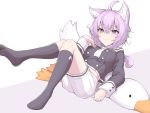  1girl :3 ahoge animal_ear_fluff animal_ears bangs black_blouse black_legwear blouse buttons cat_ears cat_girl cat_tail closed_mouth double-breasted hair_between_eyes hand_on_own_chest hololive looking_at_viewer lying neckerchief nekomata_okayu onigiri_print purple_eyes purple_hair sailor_collar school_uniform serafuku short_hair shorts simple_background smile socks solo sparkling_eyes stuffed_animal stuffed_duck stuffed_toy tail uchukurage_san virtual_youtuber white_background white_neckwear white_shorts 