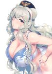  1girl animal_ears arched_back arknights bangs bare_shoulders bear_ears blue_eyes blue_hair bra breasts cleavage eyebrows_visible_through_hair hair_between_eyes hassen_(8cm) hat huge_breasts lace-trimmed_bra lace_trim leaning_forward long_hair looking_at_viewer multicolored_hair panties parted_lips red_eyes rosa_(arknights) shiny silver_hair simple_background solo streaked_hair sweat underwear very_long_hair white_background white_bra white_panties 