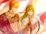  1boy 1other armlet blonde_hair bracelet closed_eyes earrings enkidu_(fate/strange_fake) fate/strange_fake fate_(series) gilgamesh highres holding_hands jewelry necklace outdoors red_eyes tagme 