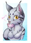  &lt;3 absurd_res anthro azural_cobaltros breasts digital_media_(artwork) domestic_cat ear_piercing ear_ring english_text featureless_breasts felid feline felis female fur hi_res m&#039;ruu mammal mouse_toy neck_tuft piercing simple_background smile solo stripes_(marking) suggestive text tuft 