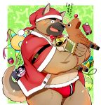  2020 alp_(tas) anthro belly black_nose brown_body brown_fur bulge canid canine canis christmas christmas_clothing christmas_headwear clothing costume domestic_dog duo fur giant_panda hat headgear headwear hi_res holidays kemono kinoshita-jiroh male mammal overweight overweight_male pi&ntilde;ata santa_costume santa_hat scar tokyo_afterschool_summoners underwear ursid video_games yasuyori 