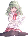  1girl aran_sweater bangs beige_sweater black_legwear blunt_bangs cable_knit clenched_hands closed_mouth cross-laced_clothes curly_hair dot_nose eyebrows_visible_through_hair facing_viewer feet_out_of_frame full_body fur_collar fur_trim futaba_sana green_eyes green_hair hand_on_own_cheek hand_on_own_face hand_up happy highres knees_together_feet_apart light_blush light_smile looking_to_the_side magia_record:_mahou_shoujo_madoka_magica_gaiden mahou_shoujo_madoka_magica neck_ribbon on_floor paru_rari plaid plaid_skirt red_neckwear red_ribbon red_skirt ribbon scrunchie shiny shiny_hair sidelocks simple_background sitting skirt sleeves_past_wrists solo sweater tareme thighhighs twintails twitter_username white_background winter_clothes yellow_scrunchie zettai_ryouiki 