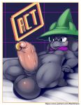  abstract_background absurd_res anthro balls bed_sheet bedding big_balls big_penis black_body black_eyes black_fur blush blush_stickers bottomless bovid caprine clothed clothing cute_fangs deltarune english_text erection eyewear fingers floppy_ears foreskin fur gameplay_mechanics genital_piercing genitals glasses glistening glistening_balls glistening_genitalia glistening_penis goat hat headgear headwear hi_res horn huge_balls huge_penis humanoid_genitalia humanoid_penis lying maehdoggie male mammal monotone_body monotone_fur mostly_nude on_back partially_retracted_foreskin penis penis_piercing piercing pink_penis prince_albert_piercing ralsei scarf solo text thick_penis uncut url video_games wizard_hat 
