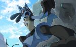  cloud commentary_request day fangs from_below furry gen_4_pokemon grass legs_apart looking_at_viewer lucario no_humans open_mouth outdoors pokemon pokemon_(creature) red_eyes rozu_ki sky solo tongue yellow_fur 