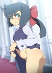  1girl ass ass_focus blush bow closed_mouth clothes_lift collared_shirt constanze_amalie_von_braunschbank-albrechtsberger frown green_eyes hair_bow indoors jcm2 lifted_by_self light_green_hair little_witch_academia long_hair luna_nova_school_uniform necktie no_panties school_uniform shirt skirt skirt_lift solid_eyes solo standing white_shirt 