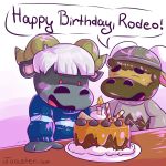  1:1 2019 animal_crossing anthro birthday_cake bovid bovine brown_body brown_fur cake cattle clothing dessert duo english_text eyes_closed food fur hat headgear headwear male mammal nintendo rodeo_(animal_crossing) sweater text toaster_aaa topwear vic_(animal_crossing) video_games 