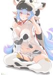  1girl absurdres animal_ears animal_print bangs bare_shoulders bikini blue_hair blush breasts cow_ears cow_girl cow_hat cow_horns cow_print detached_sleeves draph ear_piercing granblue_fantasy hat highleg highleg_bikini highres horns huge_filesize indian_style jitome large_breasts long_hair looking_at_viewer micro_shorts navel open_mouth piercing pointy_ears purple_eyes shatola_(granblue_fantasy) sheer_clothes short_shorts shorts sitting swimsuit thighhighs thighs very_long_hair white_bikini white_shorts wide_sleeves yutayara 
