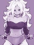  1girl android_21 bare_shoulders blue_eyes breasts choker cleavage closed_mouth commentary_request dragon_ball dragon_ball_fighterz earrings hoop_earrings jewelry kemachiku large_breasts long_hair looking_at_viewer majin_android_21 midriff monochrome navel purple_background purple_theme simple_background solo tail 