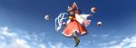  above_clouds absurdres alternate_footwear ascot bangs blue_sky boots bow brown_hair closed_eyes cloud commentary cross-laced_footwear detached_sleeves facing_down floating floating_hair frilled_bow frilled_shirt_collar frilled_skirt frills gohei hair_bow hair_tubes hakurei_reimu half_updo highres holding knee_boots lace-up_boots long_image long_skirt medium_hair ofuda open_mouth orb red_bow red_ribbon red_shirt ribbon ribbon-trimmed_shirt ribbon-trimmed_skirt ribbon-trimmed_sleeves ribbon_trim shide shirt sidelocks skirt skirt_set sky sleeveless sleeveless_shirt suna_(s73d) touhou white_ribbon wide_shot wide_sleeves yellow_footwear yellow_neckwear yin_yang yin_yang_orb 