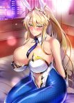  1girl ahoge animal_ears artoria_pendragon_(all) artoria_pendragon_(swimsuit_ruler)_(fate) bangs bare_shoulders blonde_hair blue_legwear blue_neckwear braid breasts bunny_ears cleavage closed_mouth clothing_cutout covering covering_breasts detached_collar fate/grand_order fate_(series) fishnet_legwear fishnets french_braid green_eyes hair_between_eyes highleg highleg_leotard kumakichi_(cost-lost) large_breasts leotard long_hair navel navel_cutout necktie one_breast_out pantyhose playboy_bunny ponytail sidelocks sitting smile thighs tiara white_leotard wrist_cuffs 