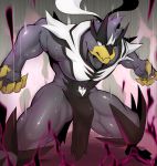  1boy bara bear_boy covered_abs energy fighting_stance fingernails furry gen_8_pokemon grey_fur highres ig legendary_pokemon male_focus multicolored_fur muscle pelvic_curtain pokemon pokemon_(creature) sharp_fingernails short_hair solo spread_legs sweat urshifu urshifu_(single) 