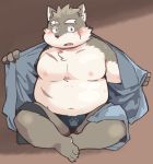  anthro asian_clothing belly blush canid canine canis clothed clothing domestic_dog eyebrows footprint fur garouzuki hi_res kemono male mammal moritaka nails nipples overweight overweight_anthro overweight_male pawprint scar simple_background slightly_chubby solo thick_eyebrows toenails tokyo_afterschool_summoners topwear underwear undressing video_games 