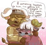  &lt;3 2020 animal_crossing anthro blush bovid bovine brown_body brown_fur cattle clothing duo english_text eyes_closed fur hat headgear headwear hug male male/male mammal nintendo rodeo_(animal_crossing) sweater text toaster_aaa topwear vic_(animal_crossing) video_games 