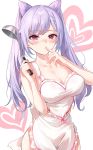  1girl apron bare_arms bare_shoulders braid breasts cleavage collarbone cowboy_shot finger_to_mouth frilled_apron frills genshin_impact hair_ears hands_up heart heart_background holding keqing ladle large_breasts long_hair looking_at_viewer midriff_peek naked_apron purple_hair red_eyes shushing solo twintails waist_apron white_apron white_background yumaomi 