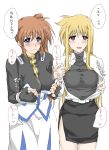  2girls blonde_hair blue_eyes blush bodysuit breasts brown_hair elf_(stroll_in_the_woods) fate_testarossa fingerless_gloves gloves highres long_hair looking_at_viewer lyrical_nanoha mahou_shoujo_lyrical_nanoha mahou_shoujo_lyrical_nanoha_strikers medium_breasts multiple_girls multiple_views open_clothes purple_eyes red_eyes side_ponytail side_slit smile takamachi_nanoha translation_request 