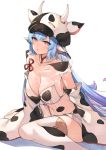  1girl animal_ears animal_print bandeau bangs bare_shoulders blue_hair blush breasts cleavage cow_ears cow_girl cow_hat cow_hood cow_horns cow_print detached_collar detached_sleeves draph ear_piercing fake_horns granblue_fantasy hat highleg highres hood horns koretsuki_azuma large_breasts long_hair long_sleeves looking_at_viewer micro_shorts midriff navel open_mouth parted_lips piercing pink_eyes pointy_ears see-through shatola_(granblue_fantasy) sheer_clothes short_shorts shorts sidelocks simple_background sitting solo stomach thighhighs thighs very_long_hair wariza white_background white_legwear white_shorts wide_sleeves yellow_eyes 