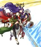  2girls altina animal_ears antlers bangs bell black_legwear blue_eyes blue_hair breasts capelet closed_mouth deer_ears fake_animal_ears fire_emblem fire_emblem:_radiant_dawn fire_emblem_heroes fur_trim gloves glowing glowing_weapon hair_ornament hat headband highres holding holding_sword holding_weapon kita_senri long_hair low-tied_long_hair medium_breasts multiple_girls official_art open_toe_shoes pom_pom_(clothes) purple_hair red_gloves reindeer_antlers sanaki_kirsch_altina santa_hat sword thighhighs tied_hair transparent_background weapon white_footwear white_gloves wide_sleeves yellow_eyes 