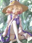  1girl bangs blonde_hair breasts brown_headwear closed_mouth dress eyebrows_visible_through_hair eyes_visible_through_hair finger_to_mouth foot_out_of_frame gumi_(fwjn7284) hair_over_eyes hat highres knee_up leaf looking_at_viewer moriya_suwako parted_bangs purple_dress pyonta shirt short_hair sidelocks sitting small_breasts smile solo thighhighs touhou turtleneck underwater white_legwear white_shirt wide_sleeves yellow_eyes 