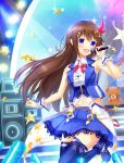  1girl ankimo_(tokino_sora) blue_eyes blush brown_hair commentary_request hair_ornament highres hololive leg_up looking_at_viewer microphone music navel open_mouth rocky0206 singing sleeveless solo stage stage_lights thighhighs tokino_sora virtual_youtuber 