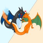  &lt;3 1:1 ambiguous/ambiguous ambiguous_gender black_body blue_background blue_body blue_eyes charizard dragon duo featureless_crotch feral fire flaming_tail hand_holding holding_tail looking_at_another multicolored_body nintendo nude open_mouth orange_background orange_body orange_eyes pok&eacute;mon pok&eacute;mon_(species) shiny_pok&eacute;mon simple_background tan_body two_tone_body video_games wings 