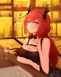  1girl arknights bangs bare_arms bare_shoulders black_dress breasts chinese_commentary cleavage commentary_request cup dress drinking_glass hand_up highres horns indoors large_breasts long_hair looking_at_viewer purple_eyes red_hair sleeveless sleeveless_dress solo surtr_(arknights) upper_body wine_glass yamasede_neiko 