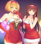  2girls :d alice_margatroid blonde_hair blurry blurry_background bob_cut breasts brown_eyes brown_hair cleavage commentary cookie_(touhou) covered_navel dress elbow_gloves eyebrows_visible_through_hair food_themed_hair_ornament frilled_hairband frills gloves hair_ornament hairband hand_on_hip heart heart-shaped_pupils highres hinase_(cookie) ichigo_(cookie) long_hair looking_at_viewer multiple_girls open_mouth santa_costume sexually_suggestive short_hair smile strapless strapless_dress strawberry_hair_ornament symbol-shaped_pupils tarmo touhou yellow_eyes 