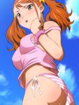  1girl anjou_naruko ano_hi_mita_hana_no_namae_wo_bokutachi_wa_mada_shiranai. ass bikini bikini_under_clothes blue_sky breasts brown_eyes brown_hair cloud earrings from_below hair_ornament jewelry long_hair medium_breasts off_shoulder open_mouth pink_shirt ribbon shiny shiny_hair shiny_skin shirt side-tie_bikini sky sleeveless sleeveless_shirt solo standing striped striped_bikini swimsuit twintails white_ribbon yadokari_genpachirou 