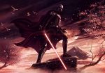  1boy 5health bird cape cherry_blossoms darth_vader energy_sword floating_cape helmet holding holding_sword holding_weapon lightsaber looking_ahead moon mount_fuji open_hand science_fiction sith solo standing star_wars sword tree weapon 