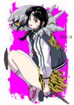  1girl 3x3_eyes animal_print ayanokouji_pai bangs black_hair butcherboy chromatic_aberration extra_eyes hair_behind_ear highres hueio jacket letterman_jacket medium_hair monster one-eyed open_mouth parted_bangs parvati_iv shoes sitting skirt sneakers solo tiger_print yellow_eyes 