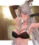  1girl :d armpits arms_up black_bra black_gloves blush bra breasts claws cleavage genshin_impact gloves hair_ornament half-closed_eyes hand_in_hair highres large_breasts long_hair looking_at_viewer navel ningguang open_mouth red_eyes seductive_smile simple_background smile sp123 underwear upper_body white_background white_hair 