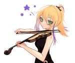  1girl bangs black_dress blonde_hair blush breasts commission dress facial_tattoo ghost_(tama) hair_between_eyes highres holding holding_instrument instrument medium_breasts multicolored_hair music original parted_lips playing_instrument purple_hair sidelocks sleeveless sleeveless_dress smile solo star_(symbol) streaked_hair tattoo tied_hair violin 