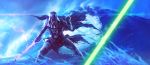  1boy 5health armor black_eyes cape clenched_hand cyborg darth_vader energy_sword floating_cape helmet highres holding holding_sword holding_weapon lightsaber mechanical_legs science_fiction shiny sith solo star_wars sword water waving weapon 