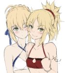  2girls ahoge artoria_pendragon_(all) bangs bare_shoulders bikini blonde_hair blue_ribbon blush braid breasts cheek-to-cheek cleavage closed_mouth collarbone english_text fang fate/grand_order fate_(series) green_eyes hair_between_eyes hair_ornament hair_scrunchie hand_up highres looking_at_viewer medium_breasts medium_hair mordred_(fate)_(all) mordred_(swimsuit_rider)_(fate) multiple_girls one_eye_closed ponytail red_bikini red_scrunchie ribbon saber scrunchie short_hair simple_background sketch small_breasts smile swimsuit tonee upper_body white_background 