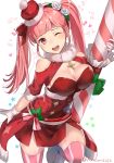  1girl alternate_costume bangs bare_shoulders blunt_bangs blush bow breasts candy candy_cane christmas cleavage commentary_request dress fire_emblem fire_emblem:_three_houses fire_emblem_heroes flower food fur-trimmed_dress fur-trimmed_headwear fur-trimmed_sleeves fur_collar fur_trim gloves green_bow green_ribbon hair_bow hair_flower hair_ornament hair_ribbon haru_(nakajou-28) hilda_valentine_goneril holding large_breasts long_hair looking_at_viewer one_eye_closed open_mouth oversized_object pink_eyes pink_hair pink_legwear red_bow red_dress red_ribbon ribbon rose santa_costume smile solo striped striped_legwear thighhighs twintails twitter_username white_flower white_gloves white_rose 