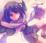  1girl aonik black_hair breasts cape closed_mouth collarbone creature gen_3_pokemon long_hair medium_breasts pokemon pokemon_(creature) pokemon_(game) pokemon_oras purple_eyes shorts smile upper_body whismur white_cape zinnia_(pokemon) 