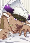  1boy animal_ears bara bed_sheet bulge camouflage camouflage_headwear chest_hair close-up cow_ears cow_horns face facial_hair furry goatee green_tank_top headband highres horns looking_at_viewer male_focus minotaur mint parted_lips purple_eyes purple_horns shennong_(tokyo_houkago_summoners) short_hair smile speech_bubble tank_top tokyo_houkago_summoners translation_request white_hair yanai_inaya 