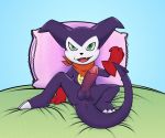  anus bandanna black_nose blush claws clothing demon digimon digimon_(species) fangs genitals gloves green_eyes handwear imp impmon kerchief looking_at_viewer male open_mouth p.v.su penis pillow purple_body semi-anthro sitting toe_claws tongue white_body 