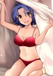  1girl :d absurdres arms_up bangs bed bed_sheet blanket blue_hair bra breasts cleavage collarbone cowlick eyebrows_visible_through_hair floral_print hair_over_eyes highres idolmaster idolmaster_million_live! indoors light_blush light_particles looking_at_viewer medium_breasts nail_polish navel on_bed open_mouth panties parted_bangs red_bra red_panties short_hair sitting sleeveless smile socks solo toyokawa_fuuka underwear underwear_only wariza yellow_eyes 
