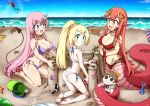 3girls :d ahoge ass bangs bare_shoulders beach bikini blonde_hair blue_sky blunt_bangs blurry blurry_background blush braid breasts bucket cellphone character_doll character_request cleavage collarbone commentary_request crossover day demon_tail eyebrows_visible_through_hair fangs flip_phone french_braid full_body gen_1_pokemon green_eyes groin hair_between_eyes hair_ornament hairclip high_ponytail holding holding_poke_ball kite kneeling krabby lala_satalin_deviluke lamia large_breasts lillie_(pokemon) long_hair looking_at_viewer midriff miia_(monster_musume) monster_girl monster_musume_no_iru_nichijou multiple_crossover multiple_girls nail_polish navel ocean open_mouth outdoors phone pink_hair pointy_ears poke_ball poke_ball_(basic) pokemon pokemon_(creature) pokemon_(game) pokemon_sm purple_bikini red_bikini red_hair red_nails red_scrunchie sand_castle sand_sculpture scales scrunchie seiza shell shovel side-tie_bikini sidelocks signature sitting sky slit_pupils small_breasts smile stalkingp starfish swimsuit tail tail_hold to_love-ru very_long_hair white_bikini wrist_scrunchie yellow_eyes 