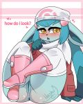  &lt;3 2020 4:5 accessory amber_eyes anthro anthrofied anus beanie blue_body blue_fur blue_hair blush boots butt clitoris clothed clothing cosplay costume digital_media_(artwork) ears_down eeveelution female footwear fur genitals glaceon gloves_(marking) hair hair_accessory hashu hat headgear headwear hi_res humanoid_genitalia humanoid_pussy jacket legs_up legwear markings nintendo no_underwear open_mouth pink_clothing pink_footwear pivoted_ears pok&eacute;mon pok&eacute;mon_(species) pok&eacute;morph presenting presenting_pussy pussy red_clothing signature sitting solo stockings thigh_highs tongue topwear vendetta_(hashu) video_games white_clothing 