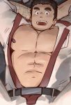  1boy arms_behind_head bara bare_pecs belly brown_eyes brown_hair highres kurogane_(tokyo_houkago_summoners) looking_at_viewer male_focus muscle navel nipples open_mouth pectorals plump sawch_cls short_hair sideburns solo stomach thick_eyebrows tokyo_houkago_summoners upper_body 