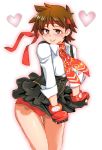  1girl blush breasts brown_eyes brown_hair buruma fingerless_gloves gloves graphite_(medium) headband kasugano_sakura looking_at_viewer millipen_(medium) onnaski school_uniform short_hair skirt smile solo street_fighter street_fighter_v thighs traditional_media underwear 